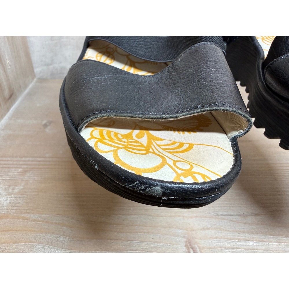Fly London Yala Black Leather Wedge Sandals Platform Ankle Strap Womens 40 - Picture 5 of 11